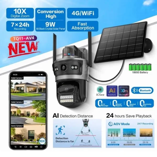 ICSee Rechargeable WiFi Solar Camera Dual lens- Black - 1