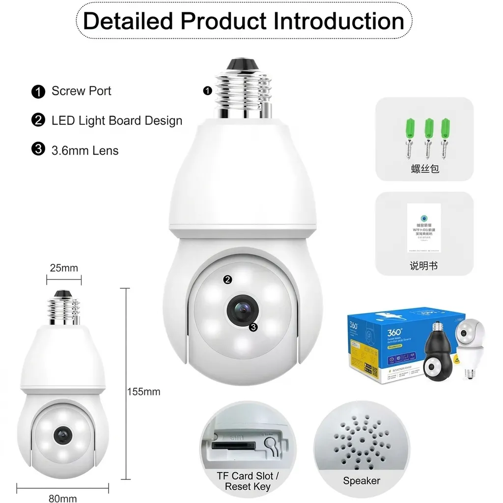 Light Bulb CCTV WiFi PTZ Smart Camera - White - 4